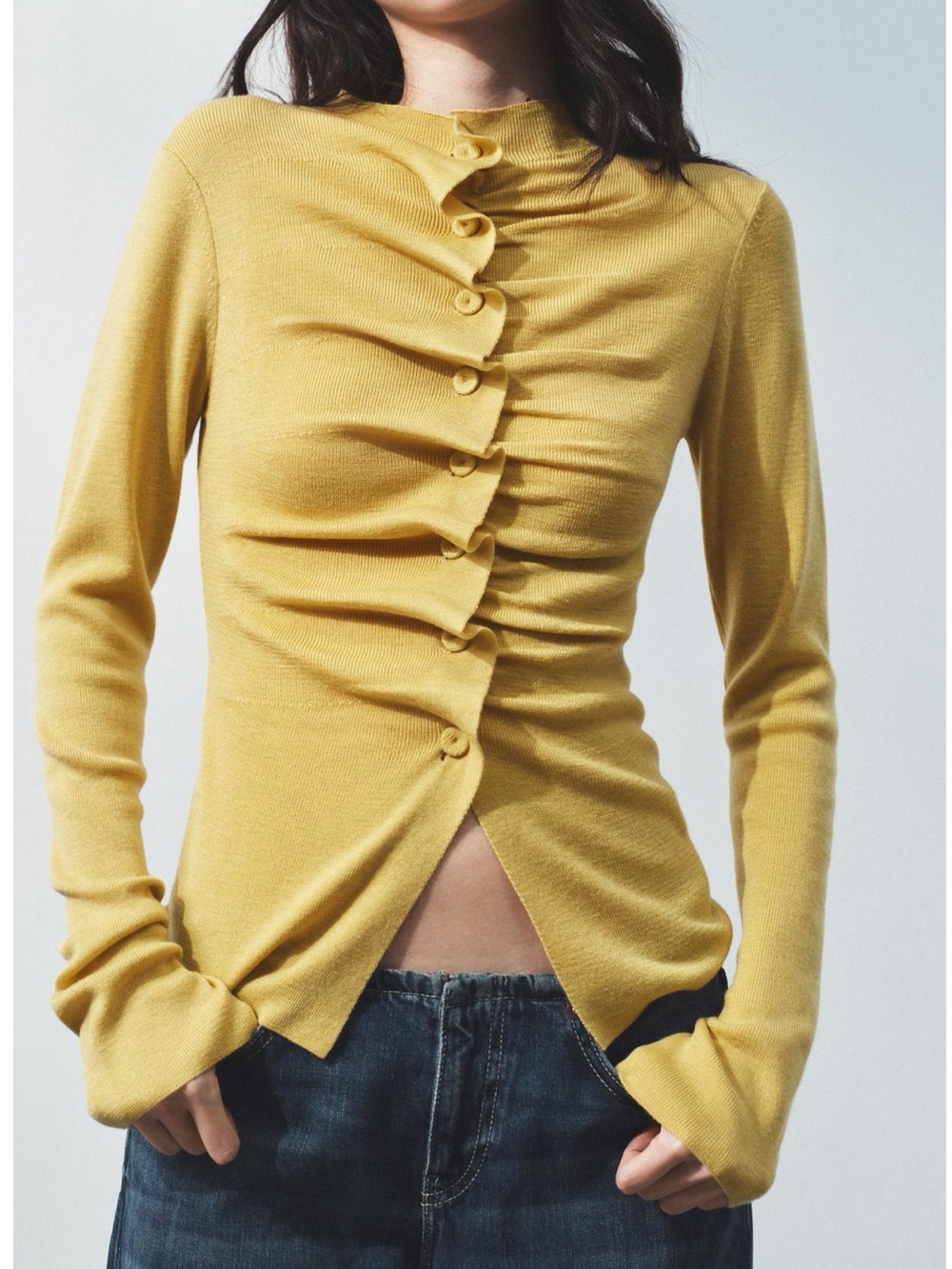 Zara draped knit cardigan:Long-Sleeve Ruching Button-Front Top in Mustard Yellow